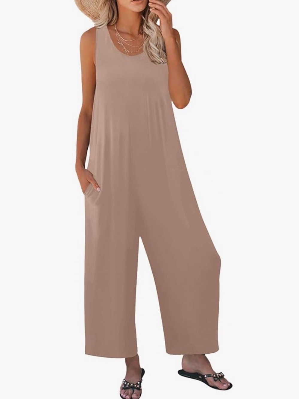 Womens Sleeveless Wide-Leg Jumpsuit in Tan-XL